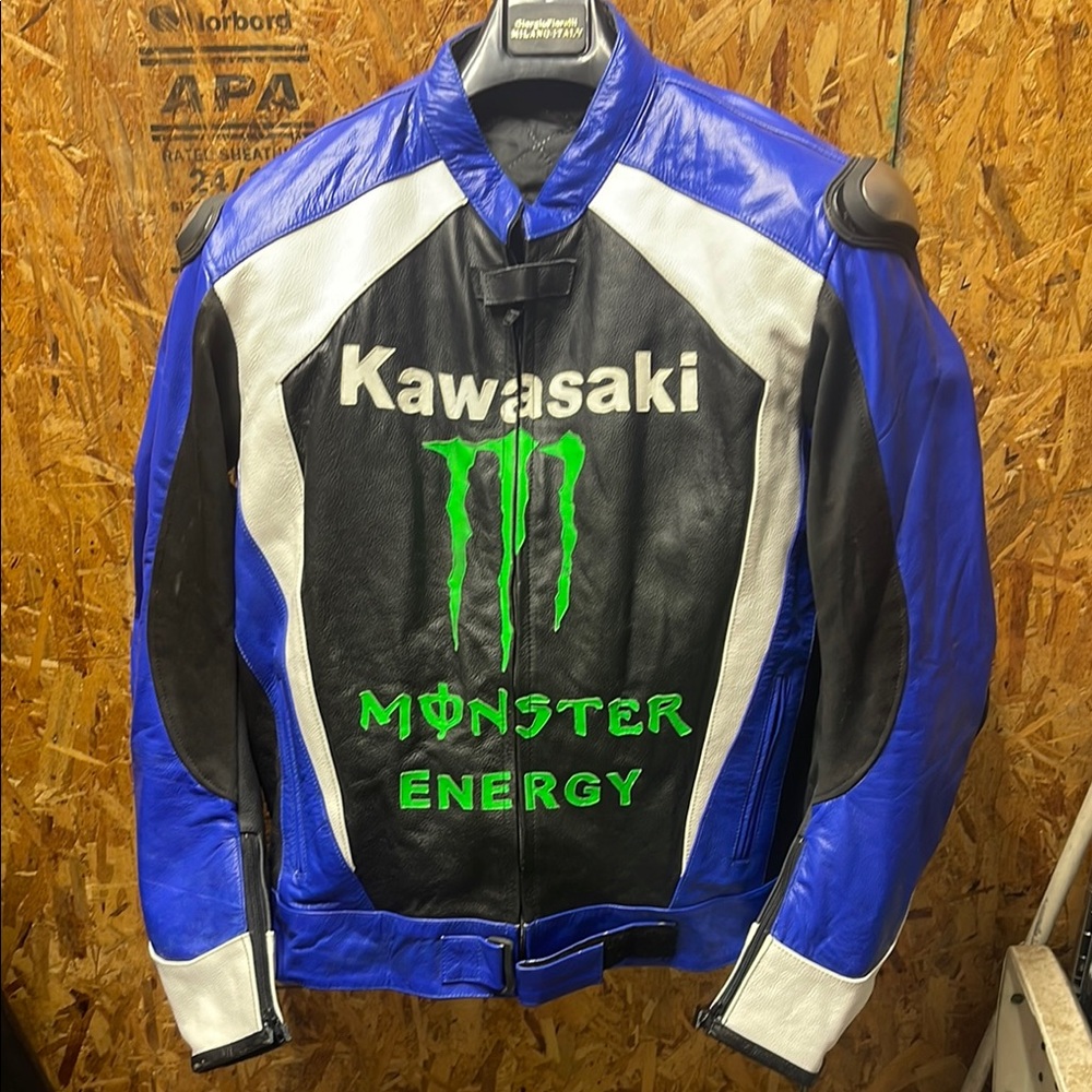 NINJA Blue Black Kawasaki Biker Leather Jacket Monster Energy Logo